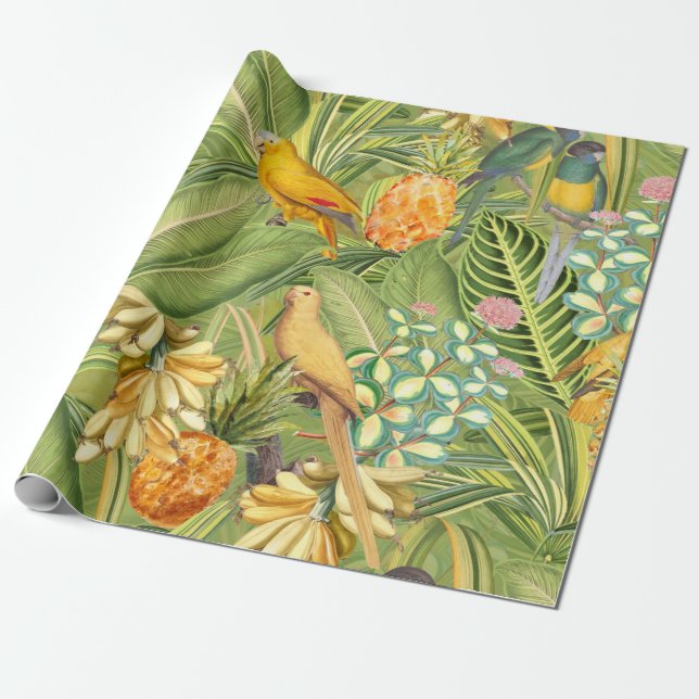 Papel De Regalo Aves tropicales de época amarillas en el paraíso d (Desenrollado)