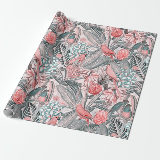 Papel De Regalo Aves tropicales de época rosadas en el paraíso de  (Desenrollado)