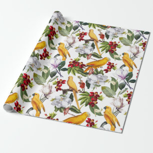 Papel De Regalo Aves tropicales loros Patrón de jungla - blanco