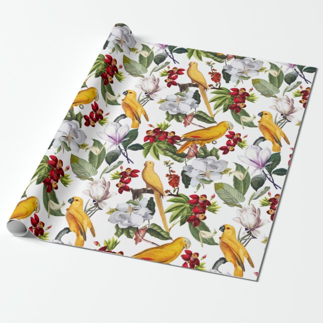 Papel De Regalo Aves tropicales loros Patrón de jungla - blanco (Desenrollado)