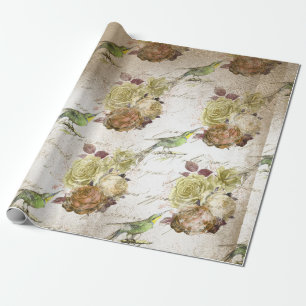 Papel De Regalo Aves verdes y Rosas vintage