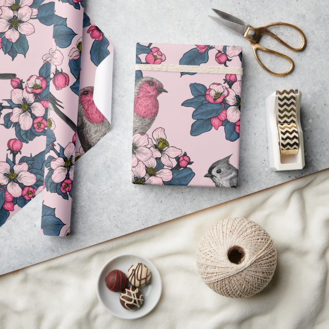 Papel De Regalo Aves y flores en rosa (Artesanía)