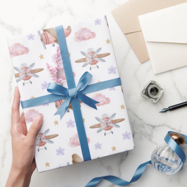 Papel De Regalo Avión Rosa Acuarela (Regalar)