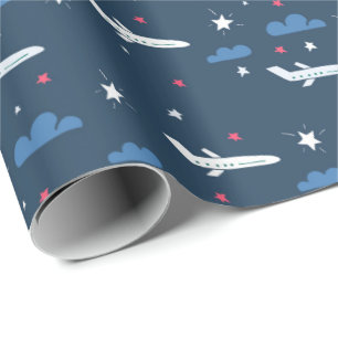 Papel De Regalo aviones y estrellas en azul
