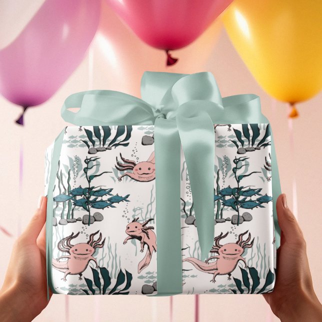 Papel De Regalo Axolotl Niños de color rosa y amarillo subacuático (Cute Pattern with Axolotl Amphibian Drawing and Underwater Aquatic Scene with  Swimming Fish & Rocks)