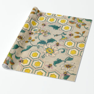 PAPEL DE REGALO AZAS DE MIEL, BEEHIVAS, FLORES DE PRIMAVERA ACOGED