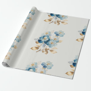 Papel De Regalo Azul acuarela Abstract Flores doradas