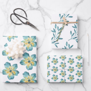 Papel de regalo azul acuarela hoja plana juego de 