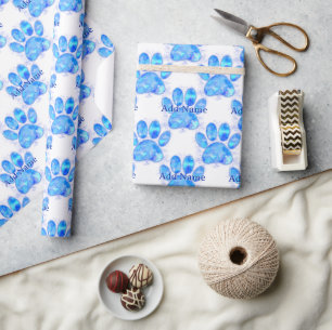 Papel De Regalo Azul acuarela Perro Paw Imprimir nombre personaliz