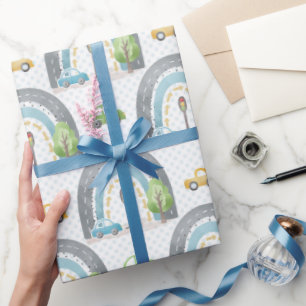 Papel De Regalo Azul arcoiris con coches y Rótulos callejeros