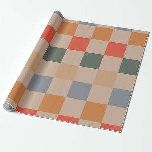 Papel De Regalo Azul Beige Naranja Marrón Cuadros Vichy Estampado