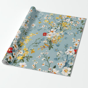 Papel De Regalo Azul Blanco Amarillo Rojo Flores Ditsy Pastel Boho