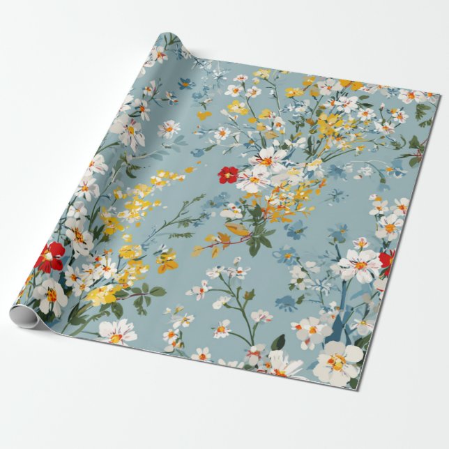 Papel De Regalo Azul Blanco Amarillo Rojo Flores Ditsy Pastel Boho (Desenrollado)