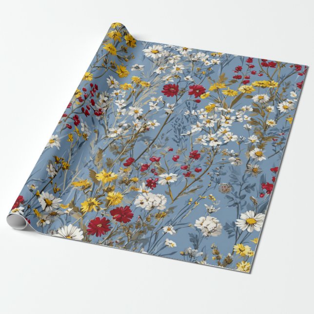 Papel De Regalo Azul Blanco Amarillo Rojo Flores Ditsy Pastel Boho (Desenrollado)