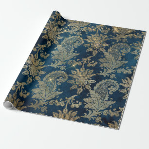Papel De Regalo Azul brillante y dorado damasco vintage