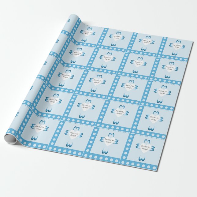 Papel de regalo azul católico para bautizos de niñ (Desenrollado)