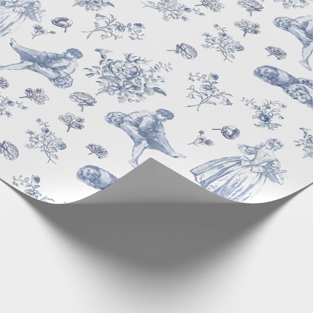 Papel De Regalo Azul Chinoiserie Toile Floral Pastoral francés (Esquina)