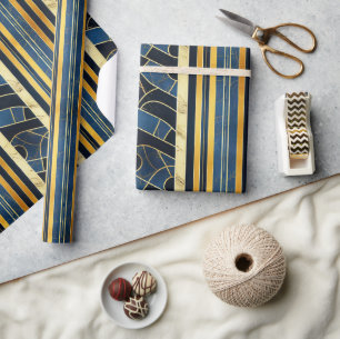 Papel De Regalo Azul cobalto y patrón de mármol Art Déco dorado