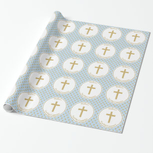 Papel De Regalo Azul comuna con puntos de polka dorada