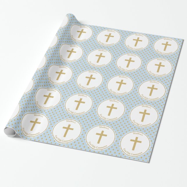 Papel De Regalo Azul comuna con puntos de polka dorada (Desenrollado)