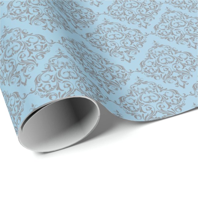 Papel De Regalo Azul con el modelo gris del damasco (Esquina del rollo)