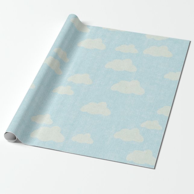 Papel De Regalo Azul con nubes blancas (Desenrollado)