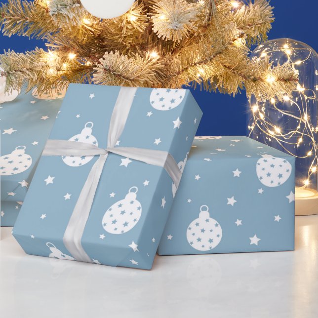 PAPEL DE REGALO AZUL CON ORNAMENTOS DE NAVIDAD BLANCA (Vacaciones)
