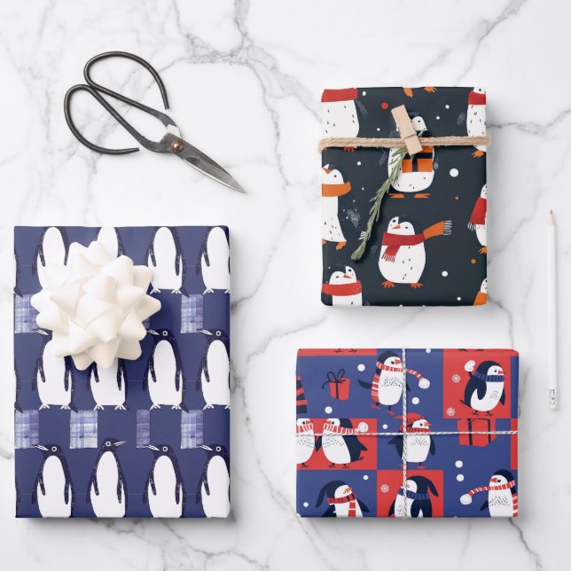 Papel de regalo azul con patrón de pingüino de inv (Anverso)
