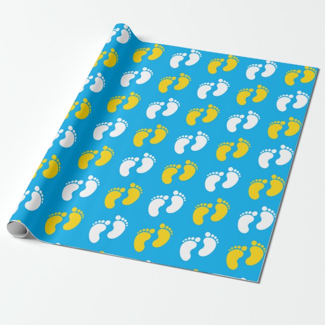 PAPEL DE REGALO AZUL CON PIES DE BEBÉ BLANCO Y AMARILLO (Desenrollado)