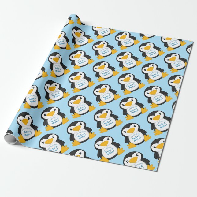 Papel De Regalo Azul de Baby Shower pingüino (Desenrollado)