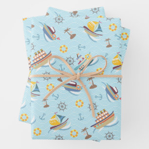 Papel de regalo azul de barcos divertidos