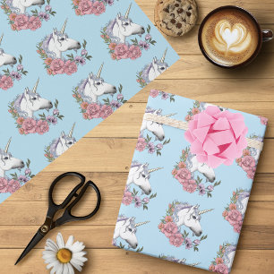 Papel De Regalo Azul de flores rosas de unicornio blanco