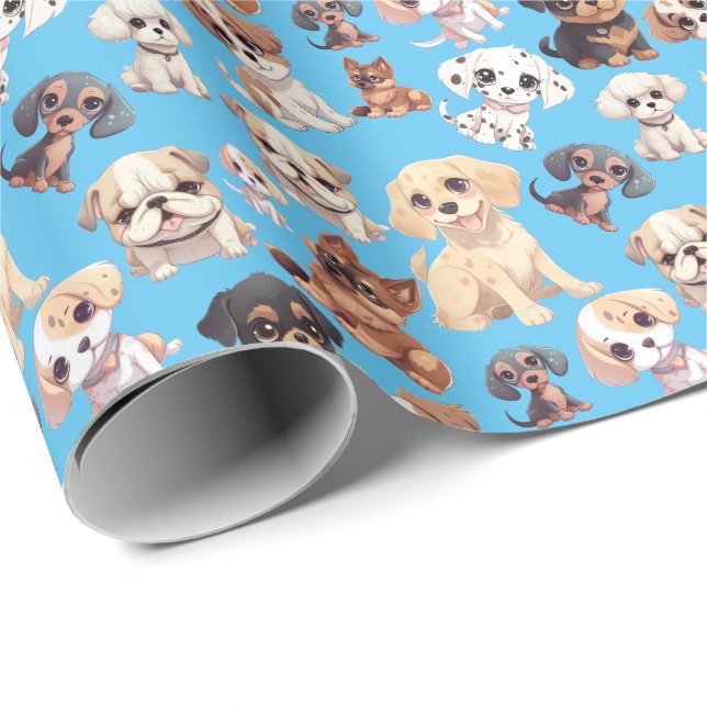 Papel De Regalo Azul de Perro de Cachorro (Esquina del rollo)