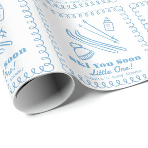 Papel De Regalo Azul Dibujado a Mano Esquí Pronto Niño Baby Shower