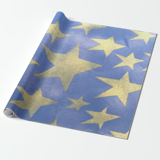 Papel De Regalo Azul estrellado y oro (Desenrollado)