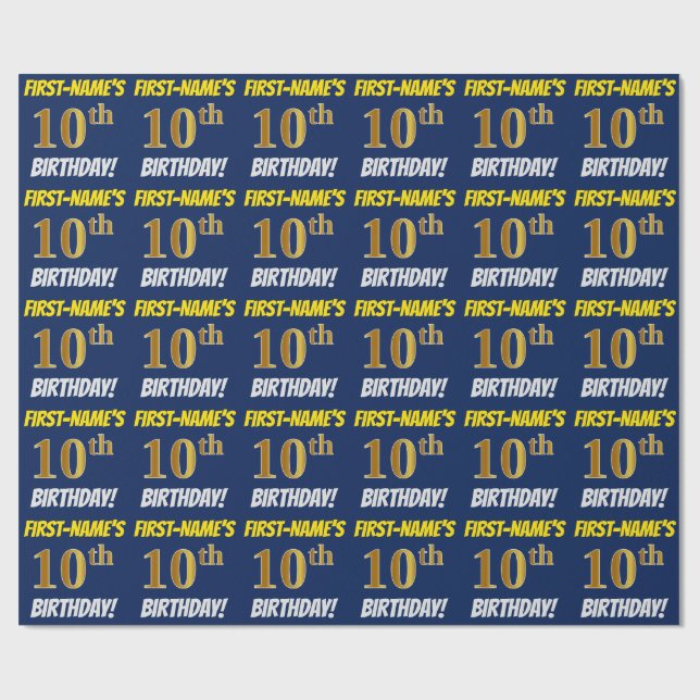 Papel De Regalo Azul, Faux/Imitation Gold, "10th BIRTHDAY" (Superficie plana)