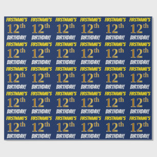 Papel De Regalo Azul, Faux/Imitation Gold, "12th BIRTHDAY"
