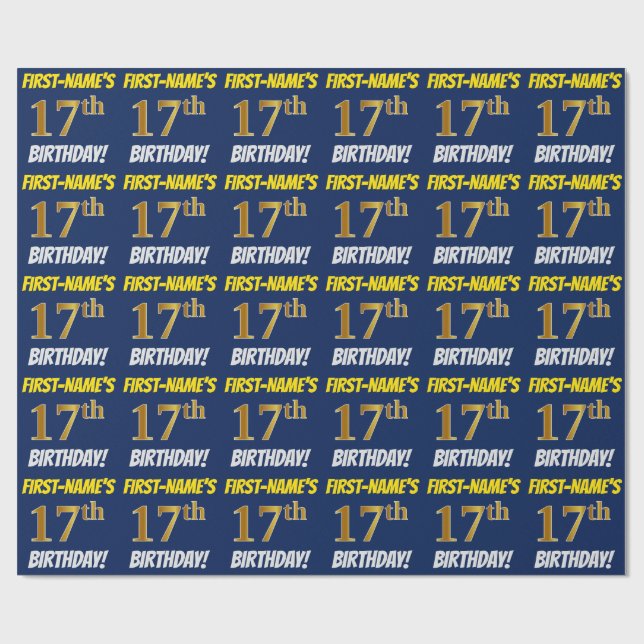 Papel De Regalo Azul, Faux/Imitation Gold, "17th BIRTHDAY" (Superficie plana)