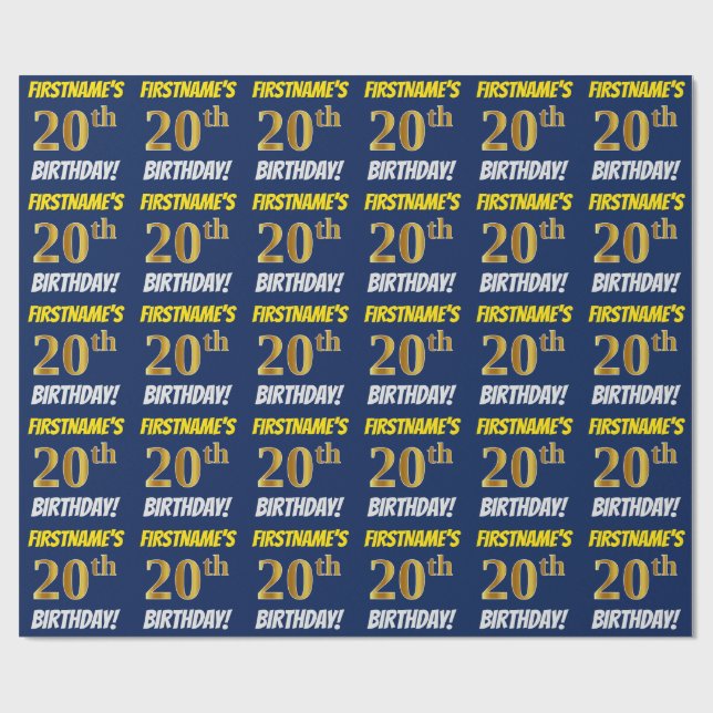 Papel De Regalo Azul, Faux/Imitation Gold, "20th BIRTHDAY" (Superficie plana)