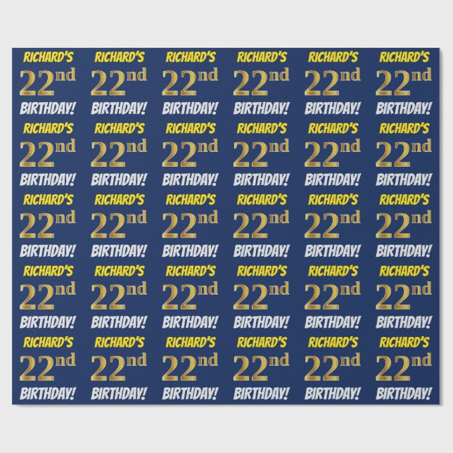Papel De Regalo Azul, Faux/Imitation Gold, "22nd BIRTHDAY" (Superficie plana)