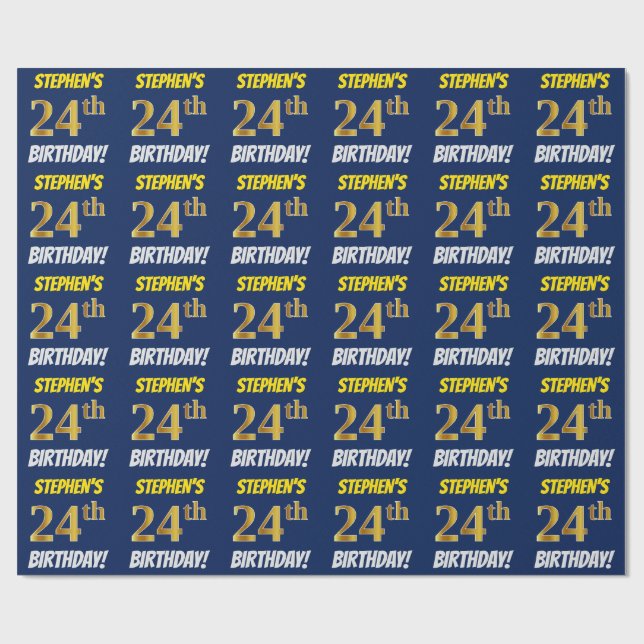 Papel De Regalo Azul, Faux/Imitation Gold, "24th BIRTHDAY" (Superficie plana)