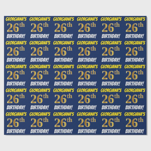 Papel De Regalo Azul, Faux/Imitation Gold, "26th BIRTHDAY" (Superficie plana)