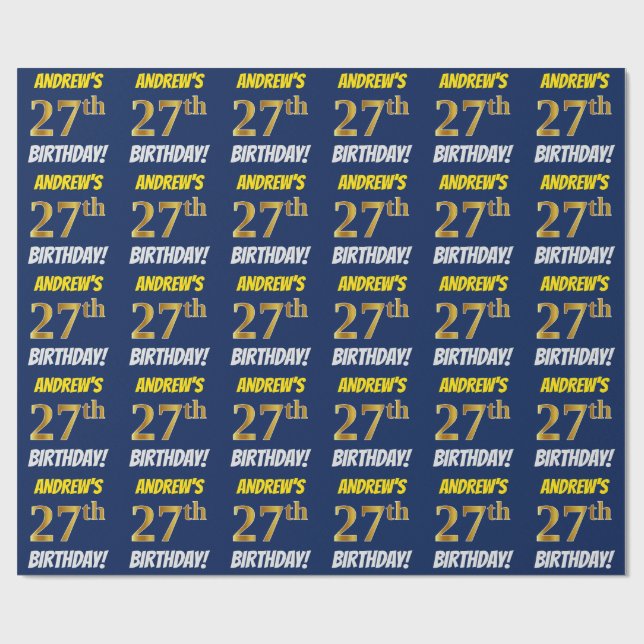 Papel De Regalo Azul, Faux/Imitation Gold, "27th BIRTHDAY" (Superficie plana)