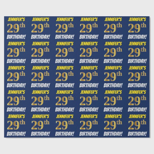 Papel De Regalo Azul, Faux/Imitation Gold, "29th BIRTHDAY" (Superficie plana)