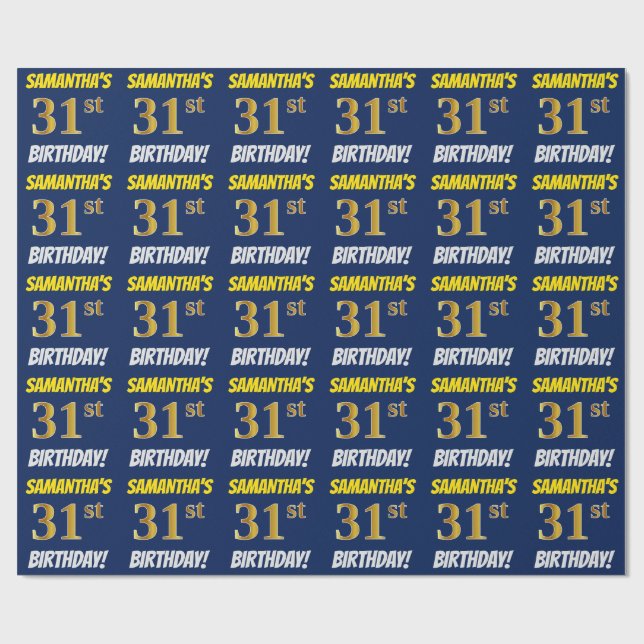 Papel De Regalo Azul, Faux/Imitation Gold, "31st BIRTHDAY" (Superficie plana)