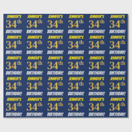 Papel De Regalo Azul, Faux/Imitation Gold, "34th BIRTHDAY"
