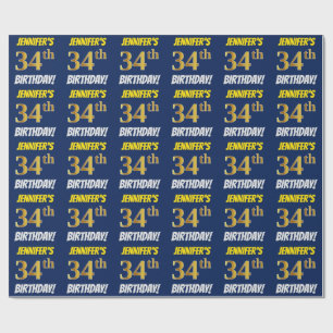 Papel De Regalo Azul, Faux/Imitation Gold, "34th BIRTHDAY"