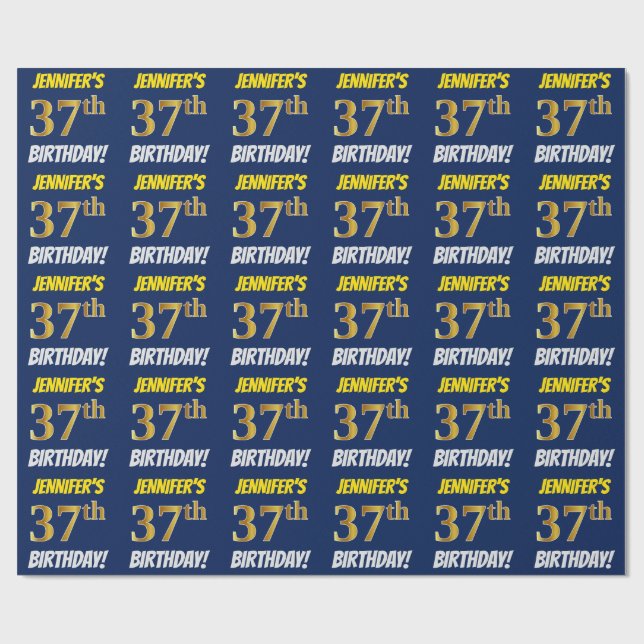 Papel De Regalo Azul, Faux/Imitation Gold, "37th BIRTHDAY" (Superficie plana)