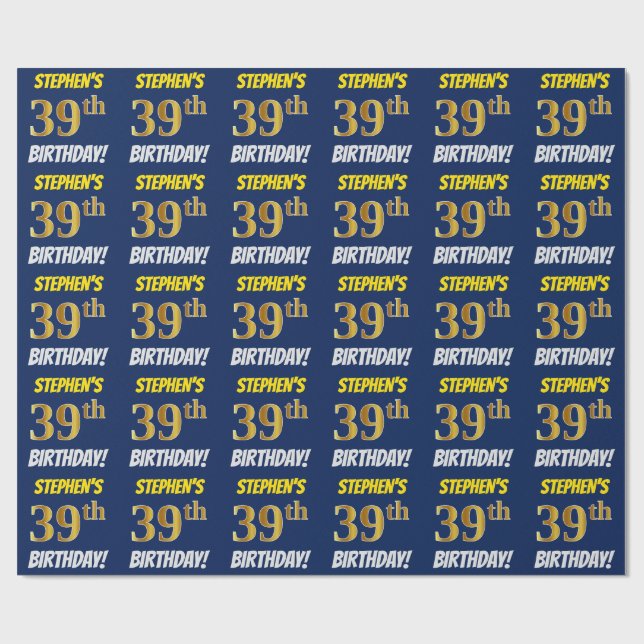 Papel De Regalo Azul, Faux/Imitation Gold, "39th BIRTHDAY" (Superficie plana)