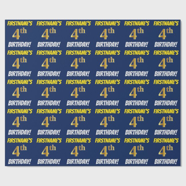 Papel De Regalo Azul, Faux/Imitation Gold, "4º CUMPLEAÑOS" (Superficie plana)